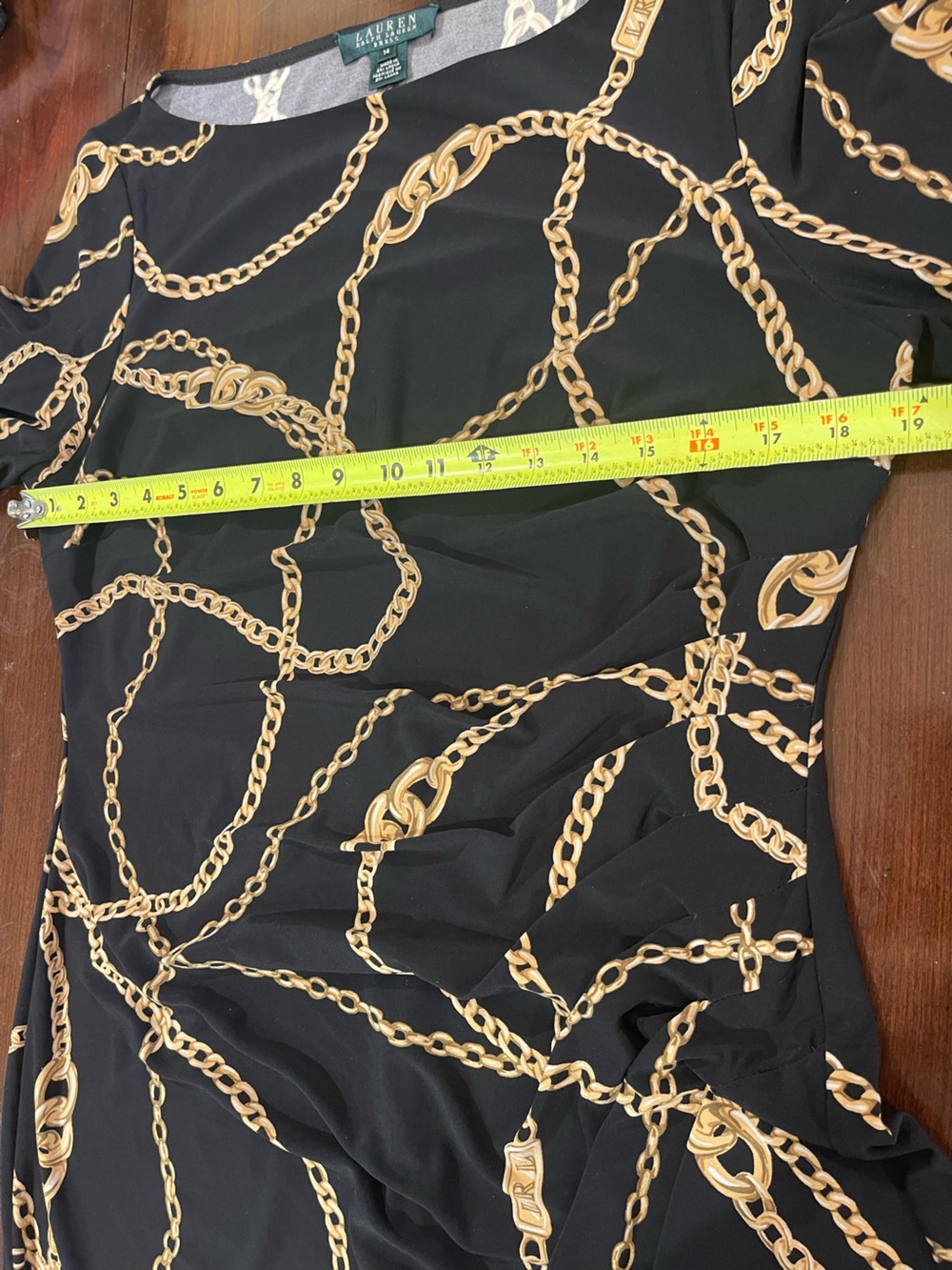 Lauren Ralph Lauren Black Gold Chain Print Faux Wrap Dress 14 Stretchy Ruched - Picture 14 of 16